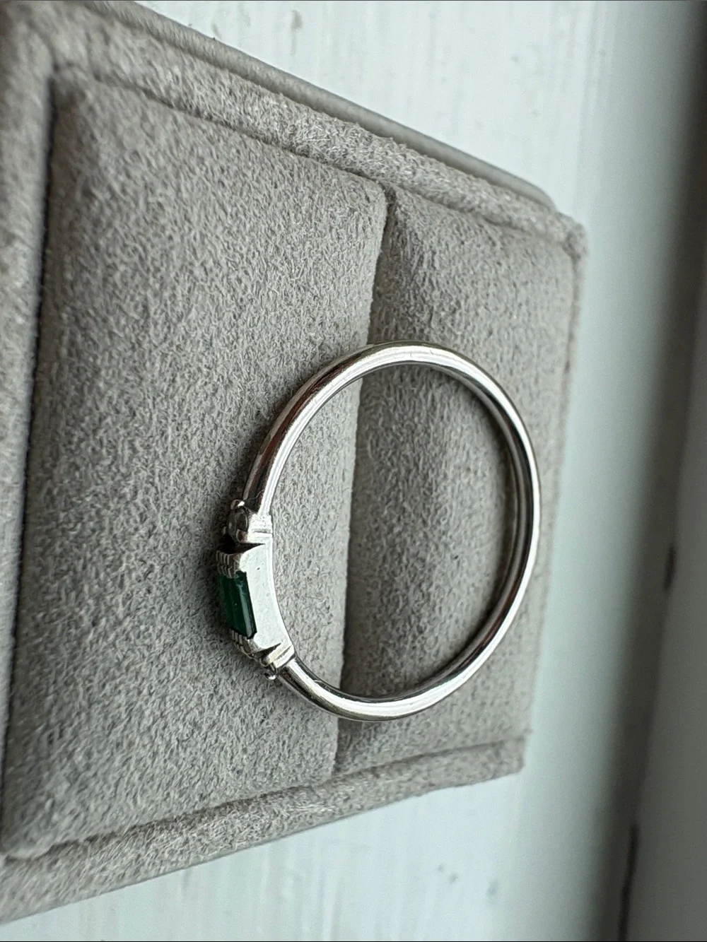 Delicate Silver Ring with Green Baguette Stone